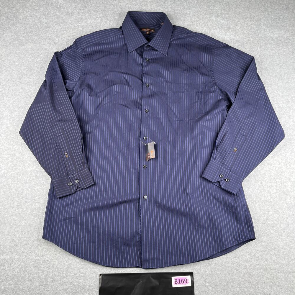 Ben Sherman Shirt 16.5 Large Navy Blue Striped Button Up Long Sleeve Men New NWT
